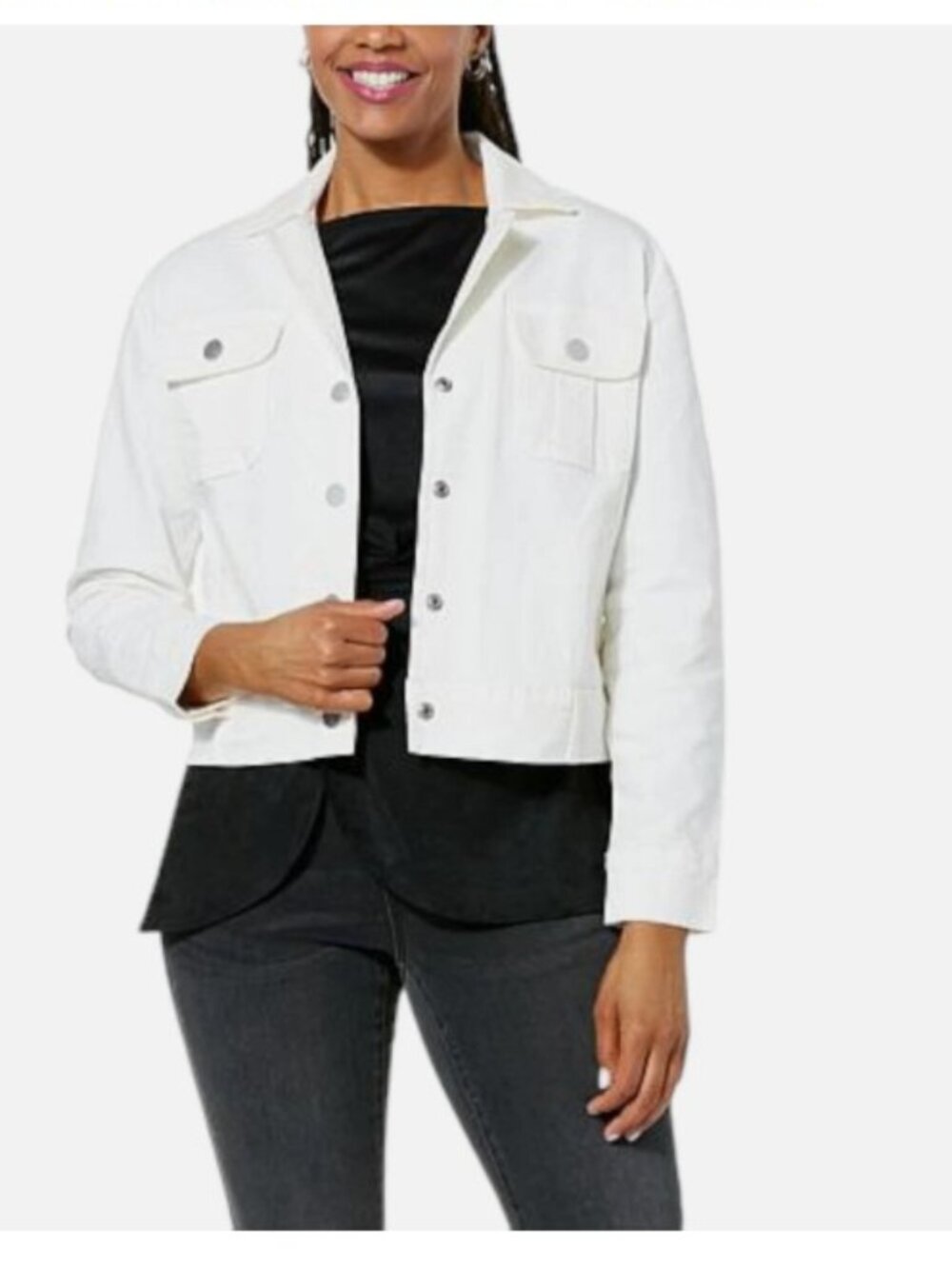 DG2 by Diane Gilman New Classic Stretch Denim Cargo Jacket Ivory